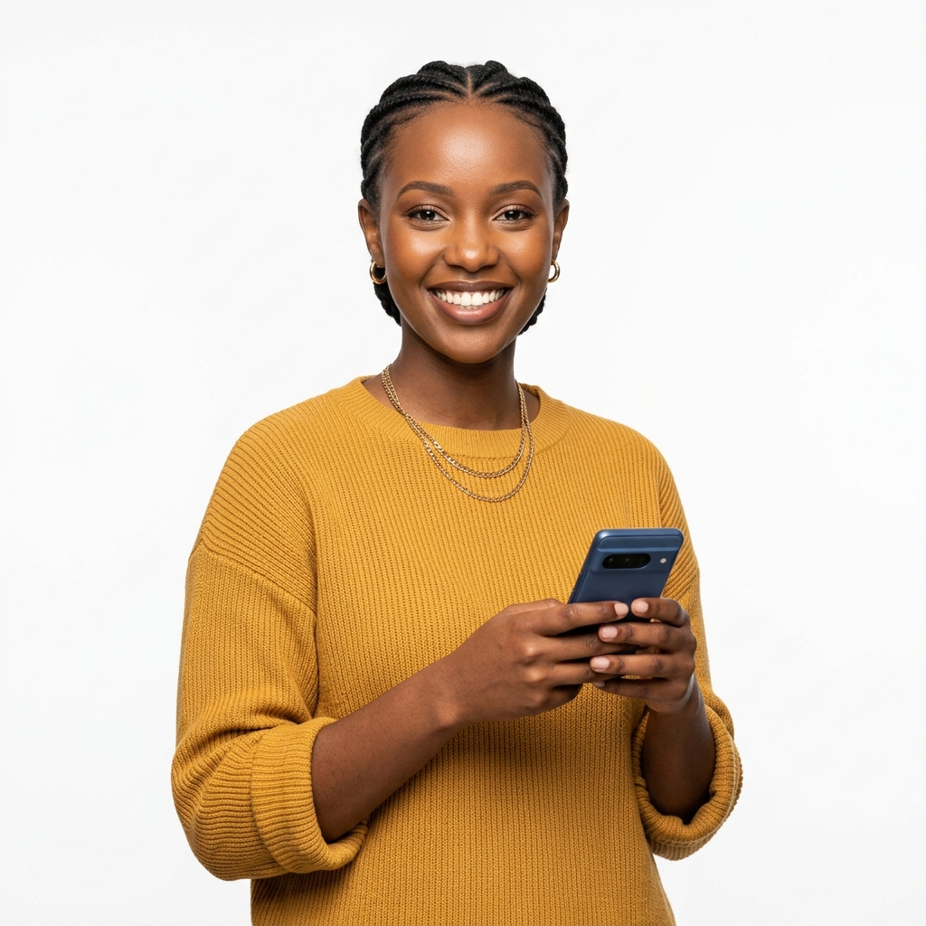 Confident young Rwandan woman holding a smartphone