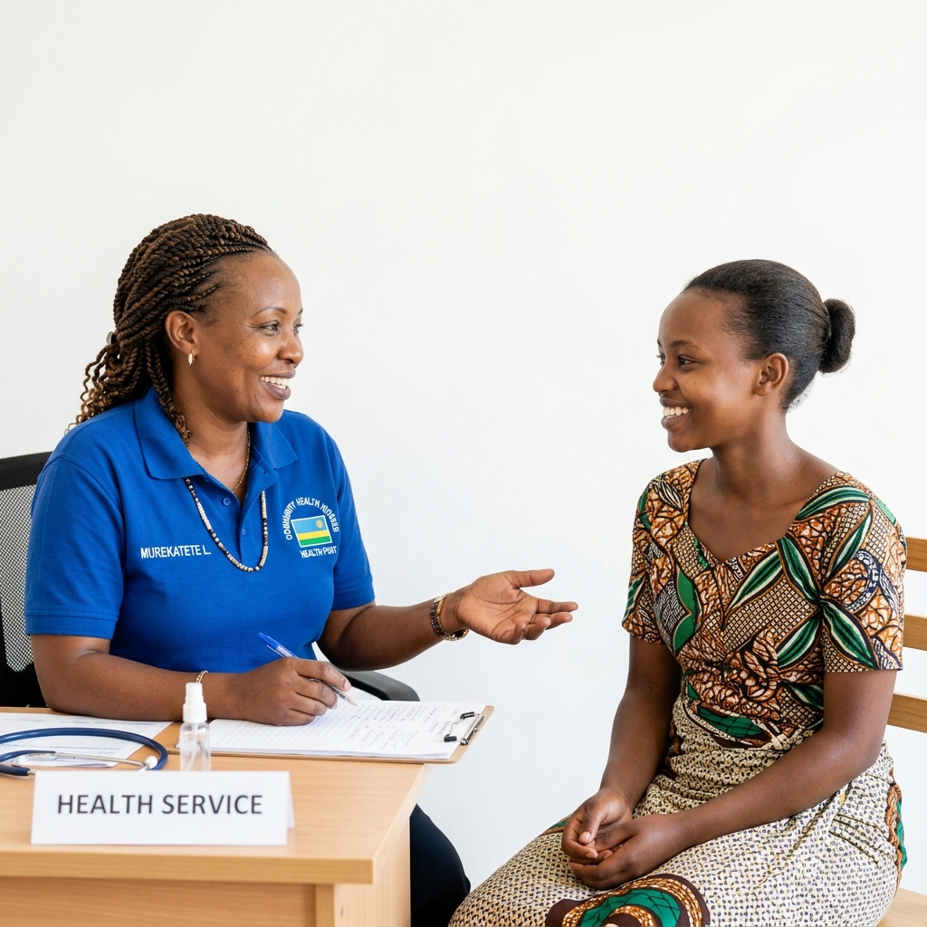 Friendly community health worker talking to a woman